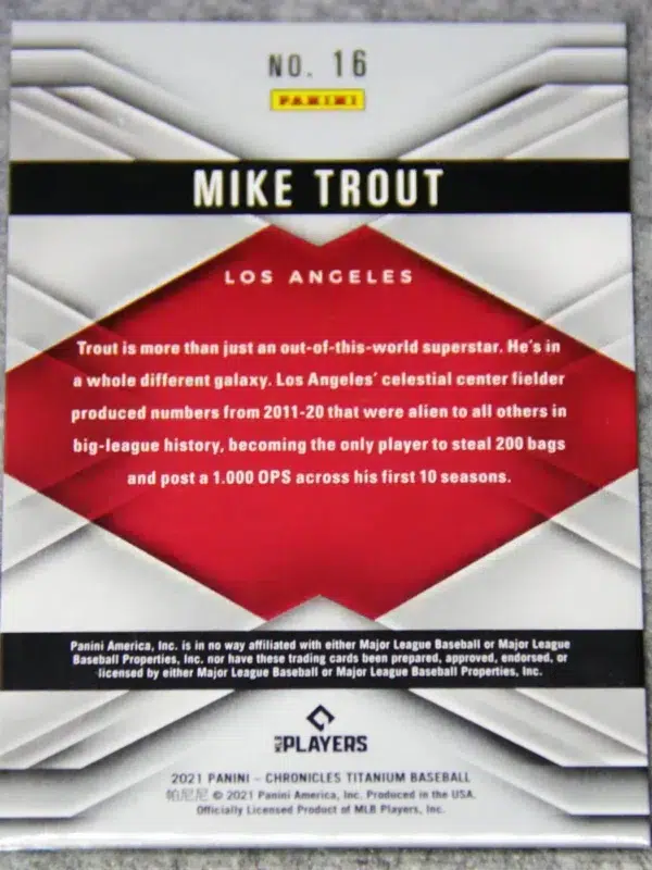 2021 Mike Trout #16 Panini Chronicles Titanium SN#94 - back