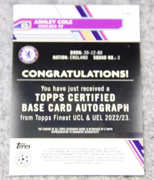 2022-23 Ashley Cole #A-AC Topps Finest UEFA Champions League Autograph SN#137 - back