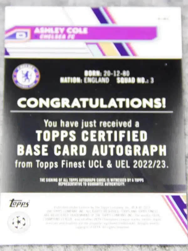 2022-23 Ashley Cole #A-AC Topps Finest UEFA Champions League Autograph SN#137 - back