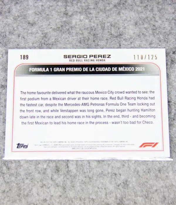 2022 Sergio Perez #189 Topps F1 Grand Prix Driver Of The Day Yellow Refractor SN#110 - back