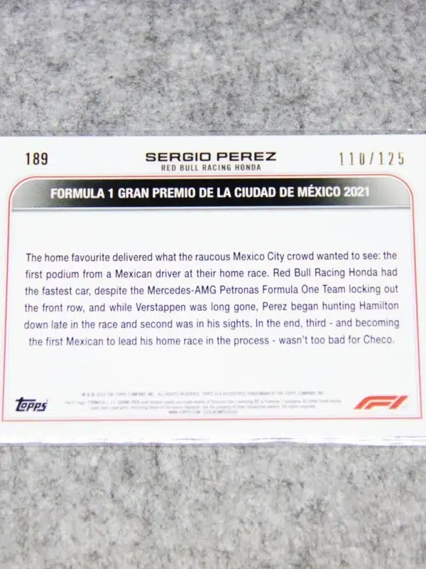 2022 Sergio Perez #189 Topps F1 Grand Prix Driver Of The Day Yellow Refractor SN#110 - back