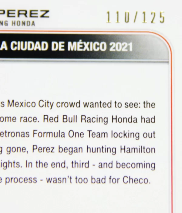 2022 Sergio Perez #189 Topps F1 Grand Prix Driver Of The Day Yellow Refractor SN#110 - detail