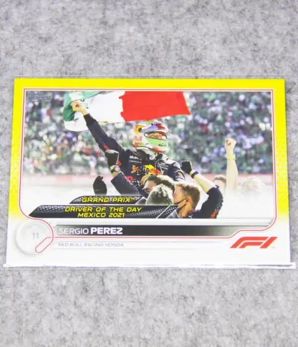 2022 Sergio Perez #189 Topps F1 Grand Prix Driver Of The Day Yellow Refractor SN#110 - front