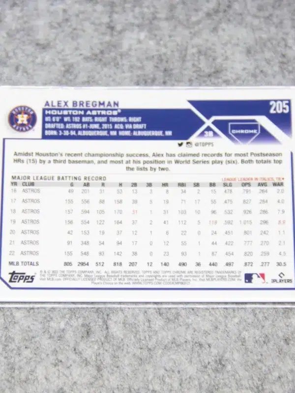 2023 Alex Bregman #205 Topps Chrome Magenta Refractor SN#318 - back