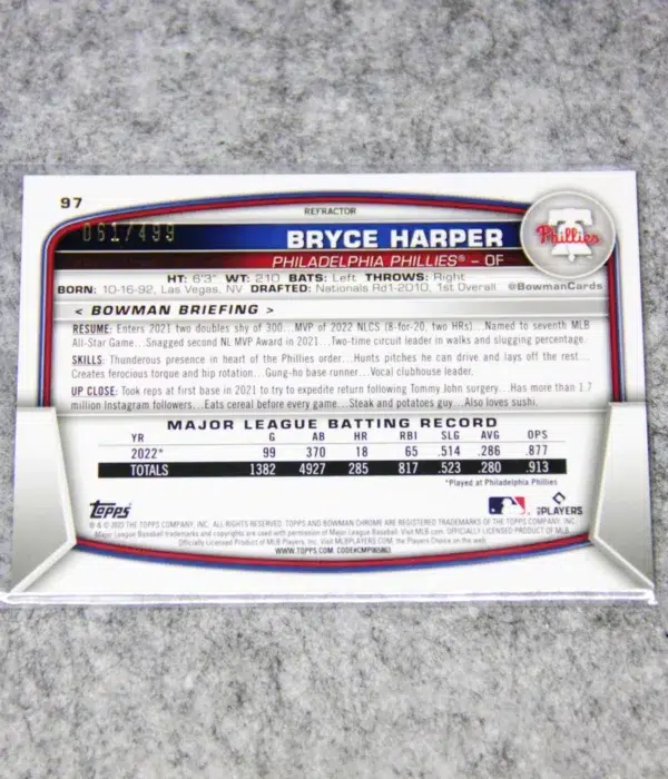 2023 Bryce Harper #97 Topps Bowman Chrome Refractor SN#61 - back