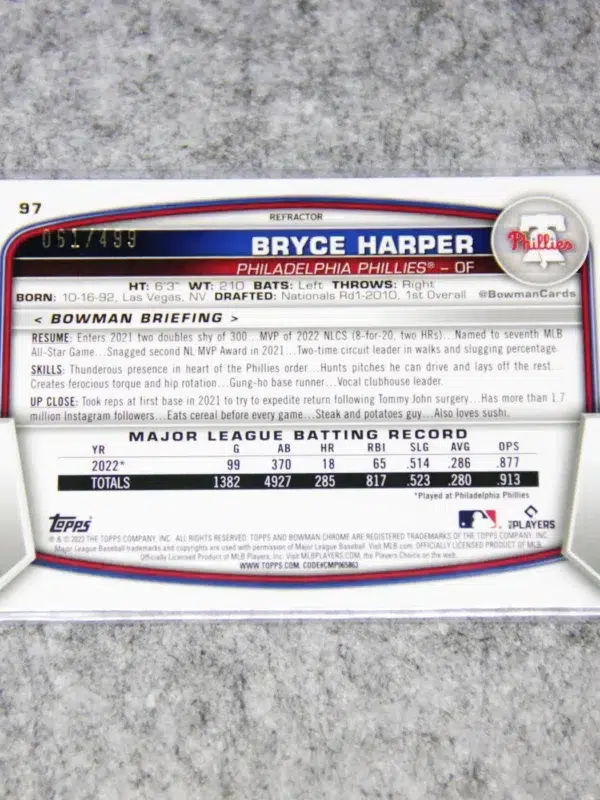 2023 Bryce Harper #97 Topps Bowman Chrome Refractor SN#61 - back