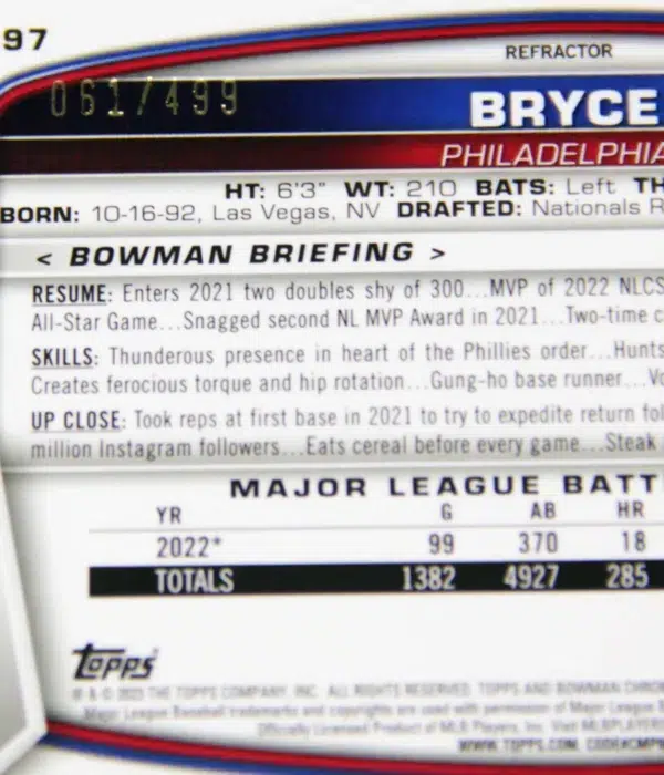 2023 Bryce Harper #97 Topps Bowman Chrome Refractor SN#61 - detail
