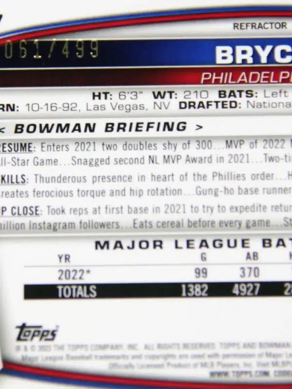 2023 Bryce Harper #97 Topps Bowman Chrome Refractor SN#61 - detail