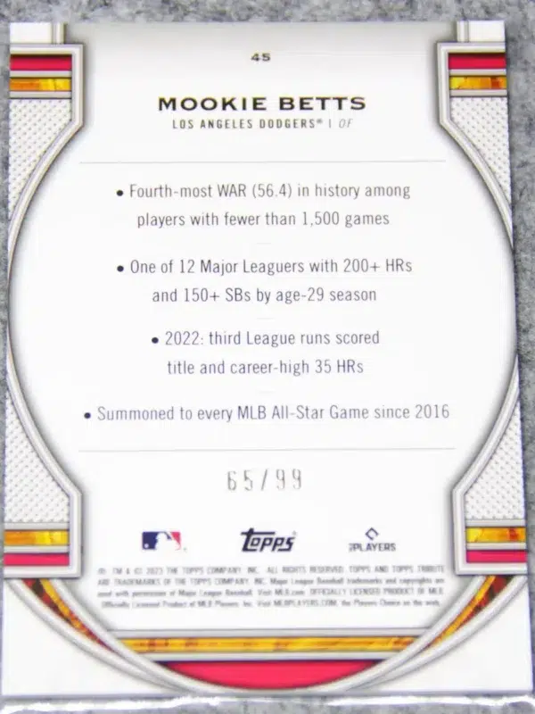 2023 Mookie Betts #45 Topps Tribute Green Parallel SN#65 - back