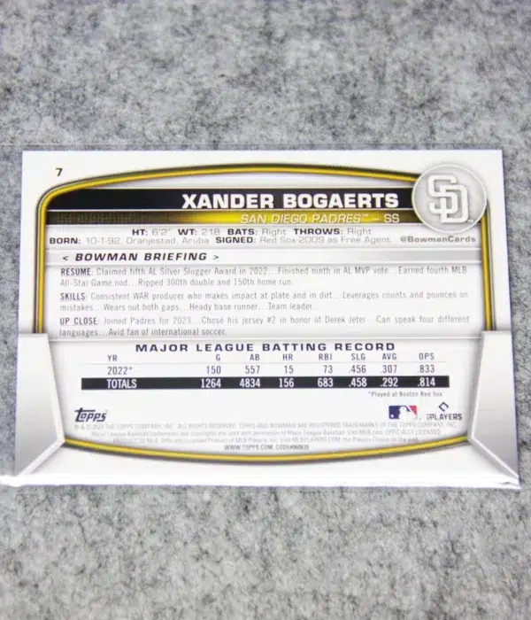 2023 Xander Bogaerts #7 Topps Bowman Sky Blue Border Parallel SN#246 - back