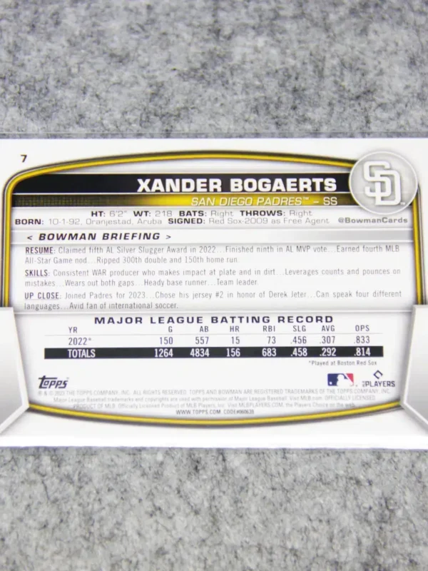 2023 Xander Bogaerts #7 Topps Bowman Sky Blue Border Parallel SN#246 - back