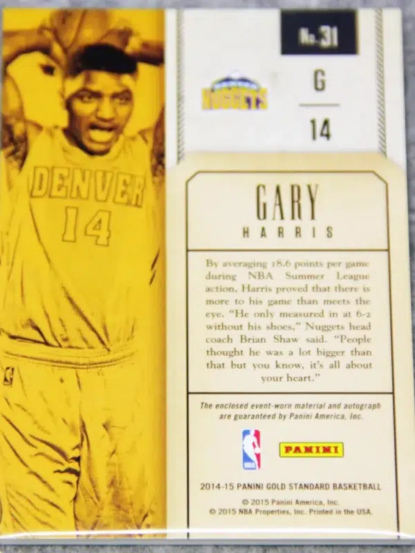 2014-15 Gary Harris #31 Panini Gold Standard Gold Strike Auto RC SN#180 - back