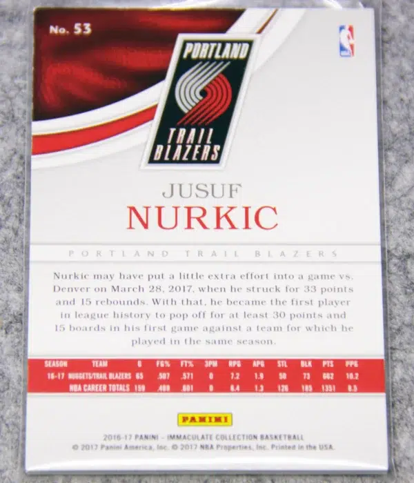 2016-17 Jusuf Nurkic #53 Panini Immaculate Collection SN#32 - back