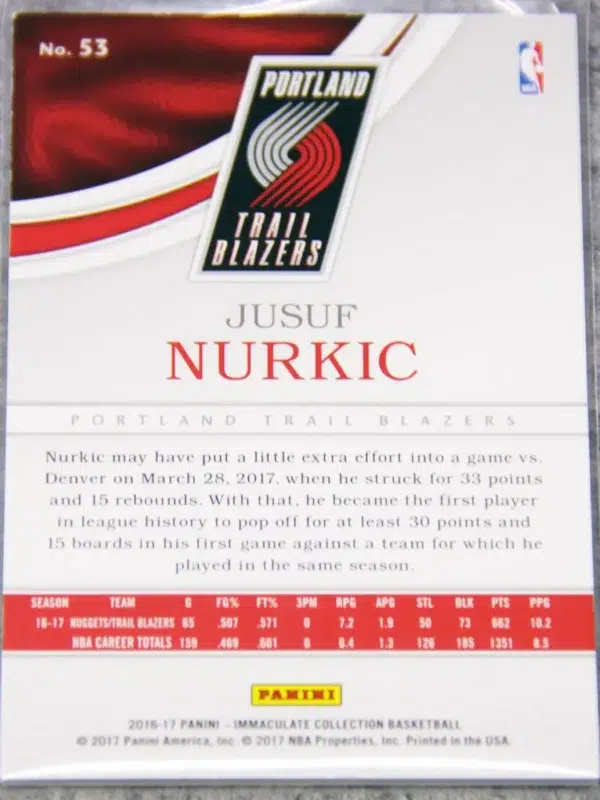 2016-17 Jusuf Nurkic #53 Panini Immaculate Collection SN#32 - back