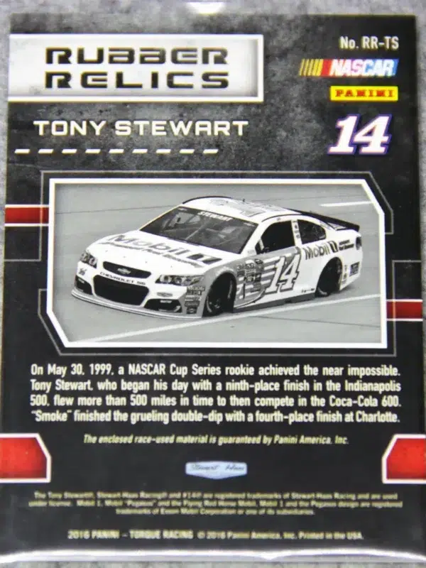 2016 Tony Stewart #RR-TS Panini Nascar Torque Rubber Relics SN#199 - back