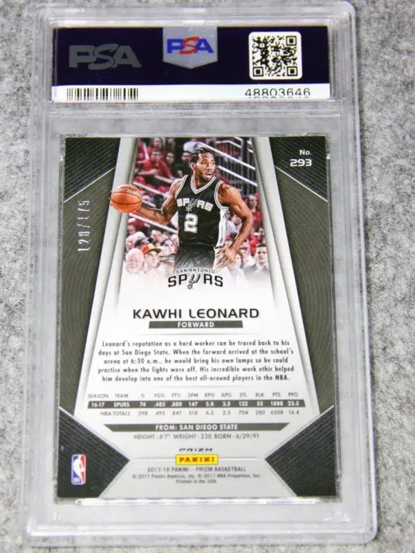 2017-18 Kawhi Leonard #293 Panini Prizm Fast Break Blue Prizm SN#123 PSA 9 MT - back