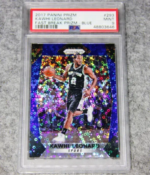 2017-18 Kawhi Leonard #293 Panini Prizm Fast Break Blue Prizm SN#123 PSA 9 MT - front