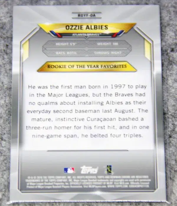 2018 Ozzie Albies #ROYF-OA Topps Bowman Chrome Rookie Of The Year Favorites Mojo RC - back