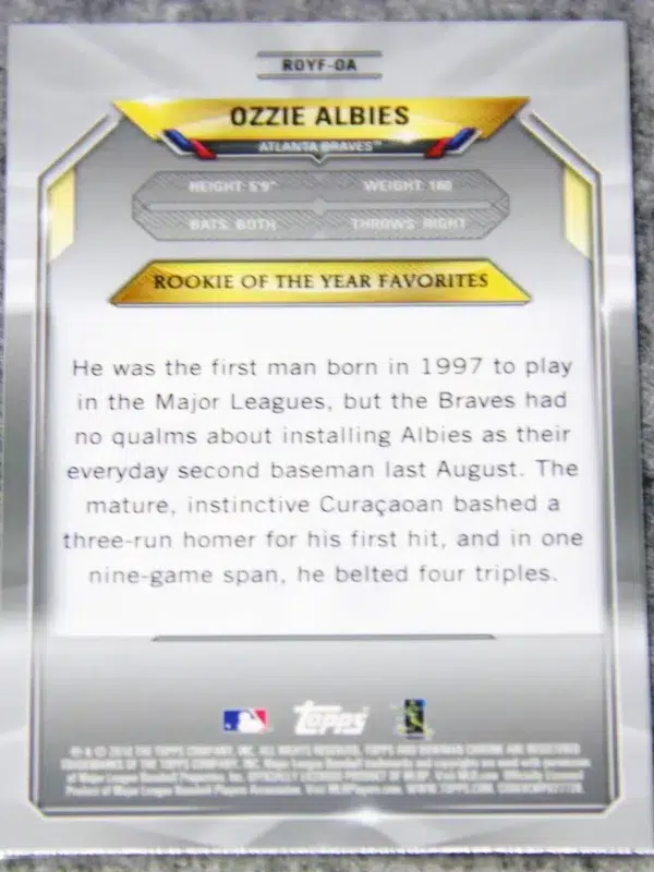 2018 Ozzie Albies #ROYF-OA Topps Bowman Chrome Rookie Of The Year Favorites Mojo RC - back