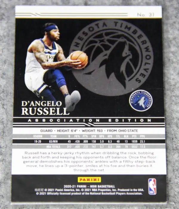 2020-21 D'Angelo Russell #31 Panini Noir Association Edition SN#36 - back