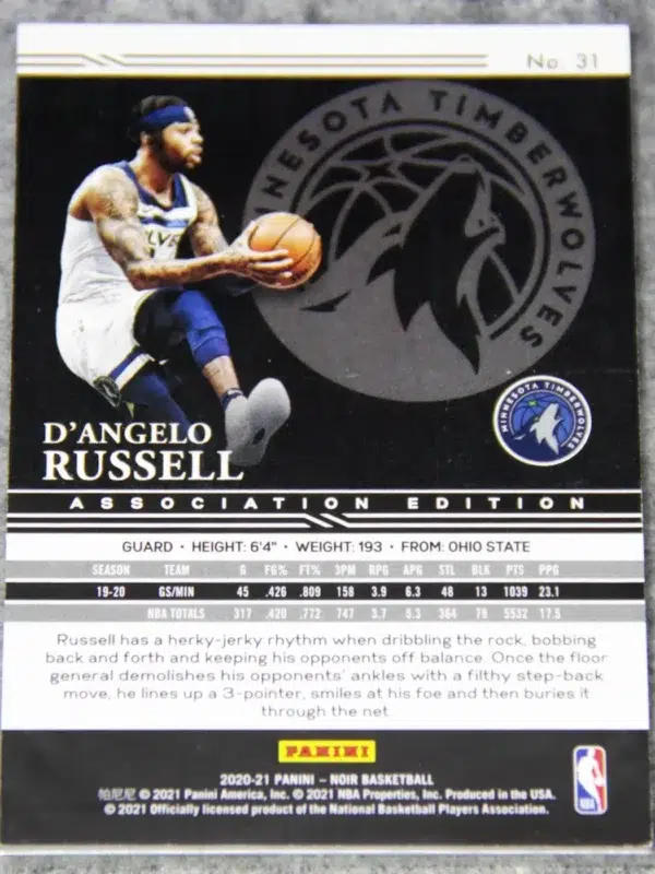 2020-21 D'Angelo Russell #31 Panini Noir Association Edition SN#36 - back