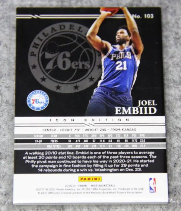 2020-21 Joel Embiid #103 Panini Noir Icon Edition SN#27 - back