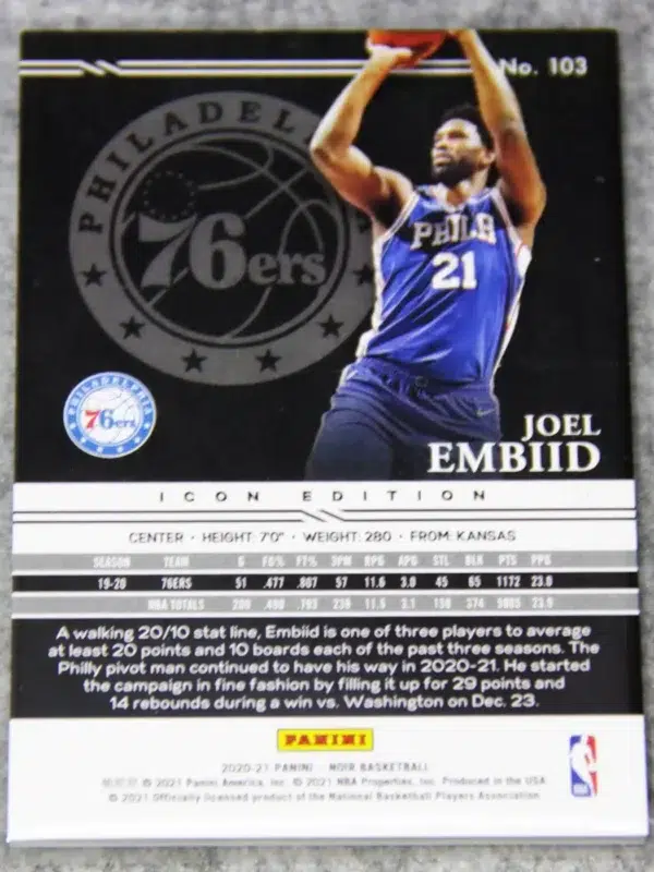 2020-21 Joel Embiid #103 Panini Noir Icon Edition SN#27 - back