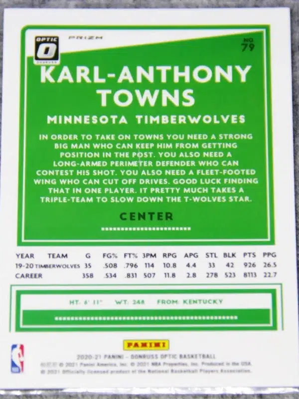 2020-21 Karl-Anthony Towns #79 Panini Donruss Optic Silver Prizm - back