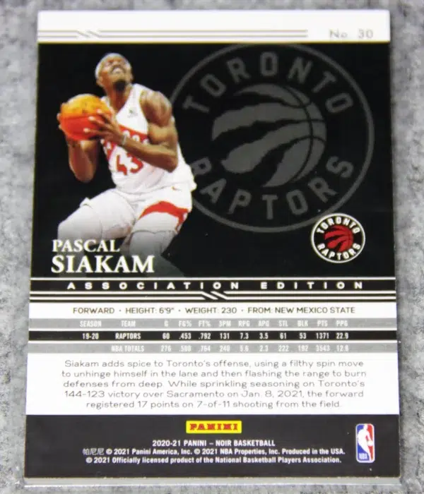 2020-21 Pascal Siakam #30 Panini Noir Association Edition Holo Silver SN#8 - back