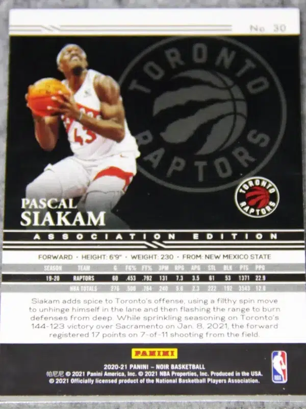 2020-21 Pascal Siakam #30 Panini Noir Association Edition Holo Silver SN#8 - back