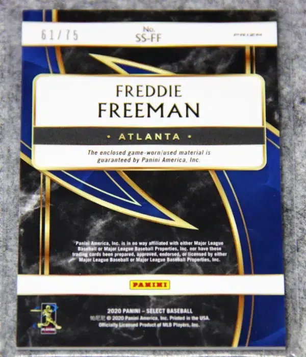 2020 Freddie Freeman #SS-FF Panini Select Swatches Tri Color Prizm SN#61 - back