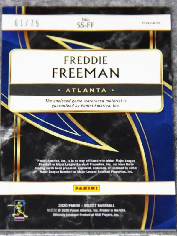 2020 Freddie Freeman #SS-FF Panini Select Swatches Tri Color Prizm SN#61 - back