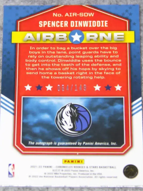 2021-22 Spencer Dinwiddie #AIR-SDW Panini Chronicles Rookies and Stars Airborne SN#64 - back