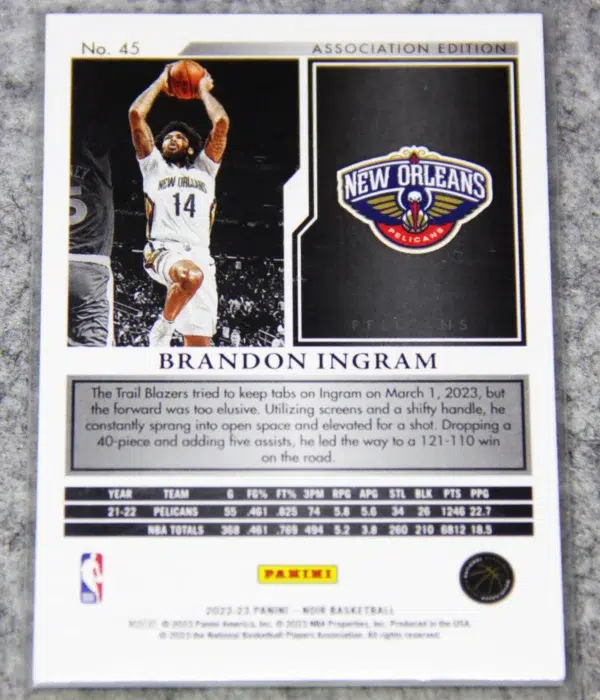 2022-23 Brandon Ingram #45 Panini Noir Association Edition SN#87 - back