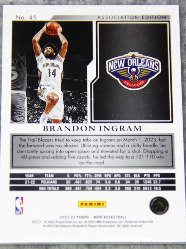 2022-23 Brandon Ingram #45 Panini Noir Association Edition SN#87 - back