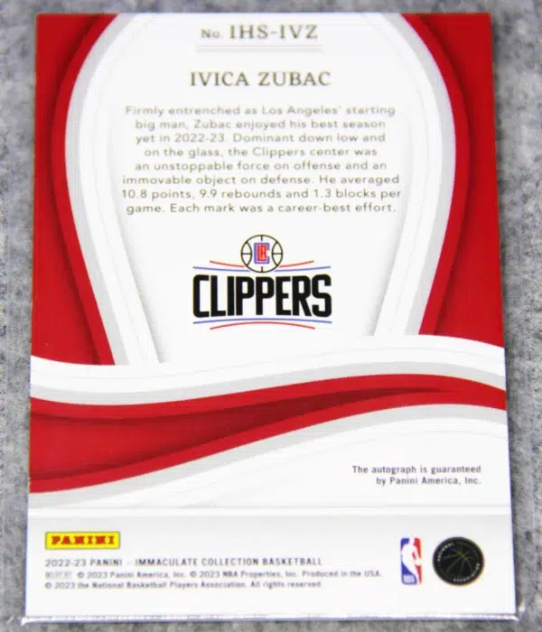 2022-23 Ivica Zubac #IHS-IVZ Panini Immaculate Heralded Signatures SN#84 - back