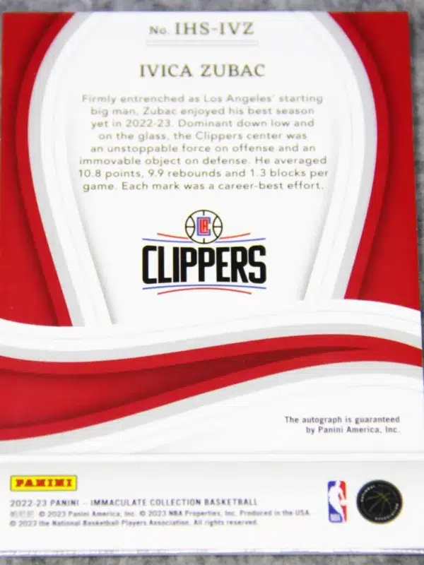 2022-23 Ivica Zubac #IHS-IVZ Panini Immaculate Heralded Signatures SN#84 - back