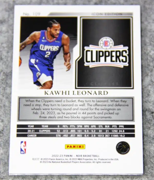 2022-23 Kawhi Leonard #109 Panini NOIR Icon Edition SN#89 - back