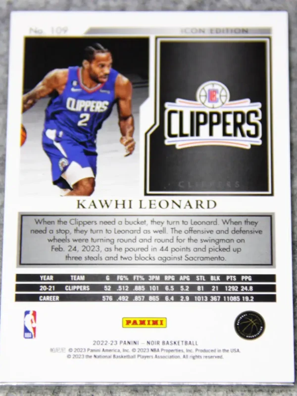 2022-23 Kawhi Leonard #109 Panini NOIR Icon Edition SN#89 - back