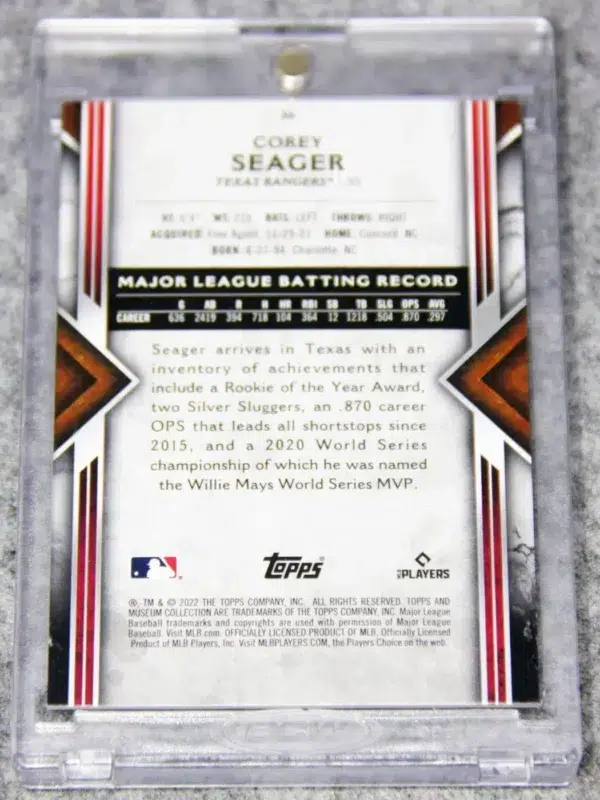 2022 Corey Seager #36 Topps Museum Collection Ruby Parallel SN#50 - back