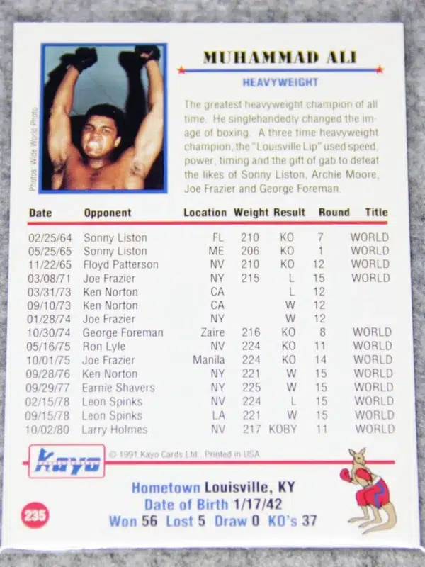 1991 Muhammad Ali #235 Kayo Sonny Liston on Canvas after Knock-Down - back