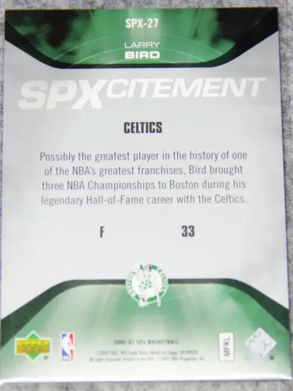 2006-07 Larry Bird #SPX-27 Upper Deck SPx SPXcitement SN#838 - back