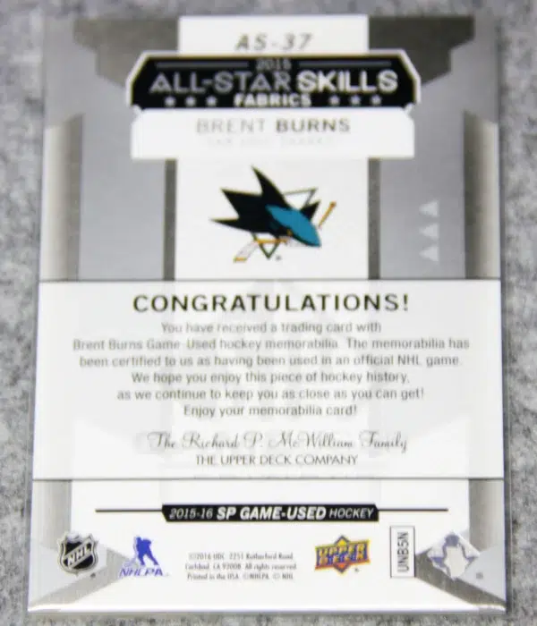 2015-16 Brent Burns #AS-37 Upper Deck SP Game Used Jersey All Star Skills Fabrics - back