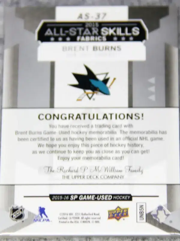 2015-16 Brent Burns #AS-37 Upper Deck SP Game Used Jersey All Star Skills Fabrics - back