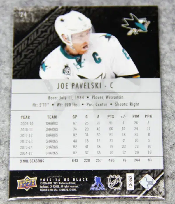 2015-16 Joe Pavelski #24 Upper Deck Black SN#294 - back