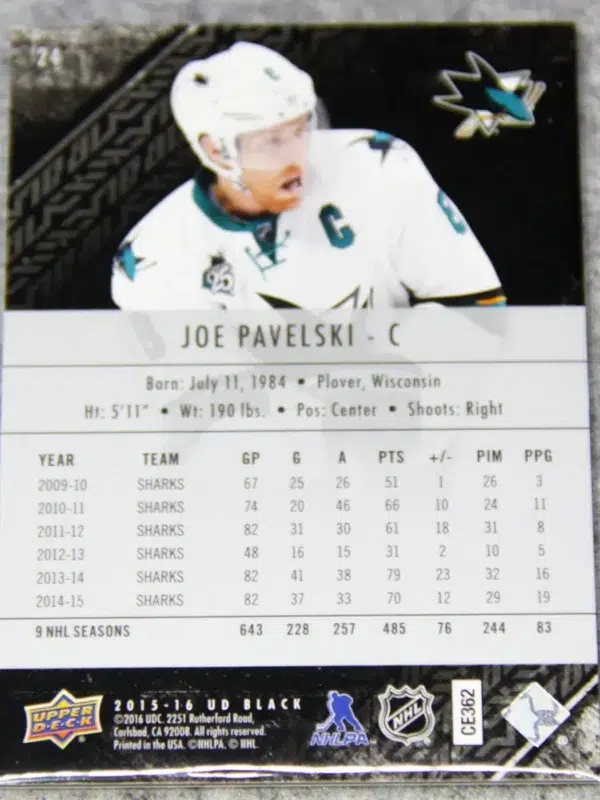 2015-16 Joe Pavelski #24 Upper Deck Black SN#294 - back
