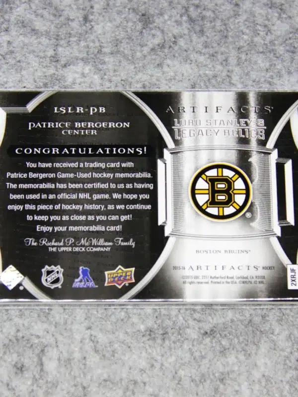 2015-16 Patrice Bergeron #LSLR-PB Upper Deck Artifacts Lord Stanley's Legacy Relics - back