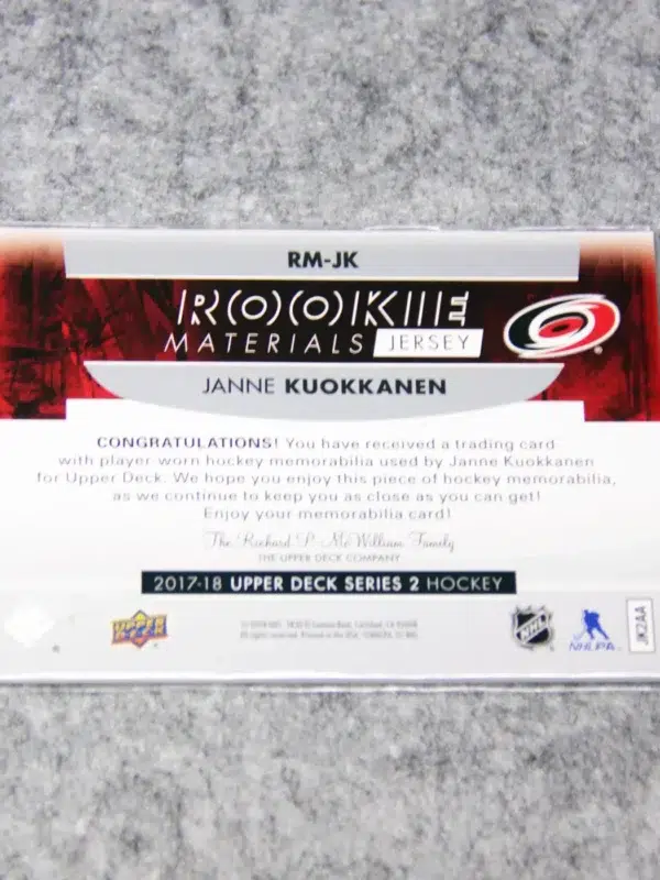 2017-18 Janne Kuokkanen #RM-JK Upper Deck Series 2 Rookie Materials RC - back