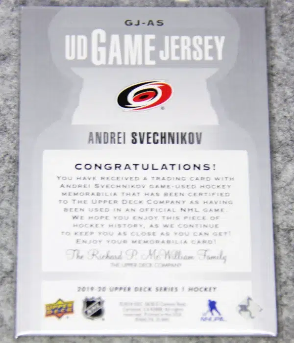 2019-20 Andrei Svechnikov #GJ-AS Upper Deck Series 1 UD Game Jersey - back