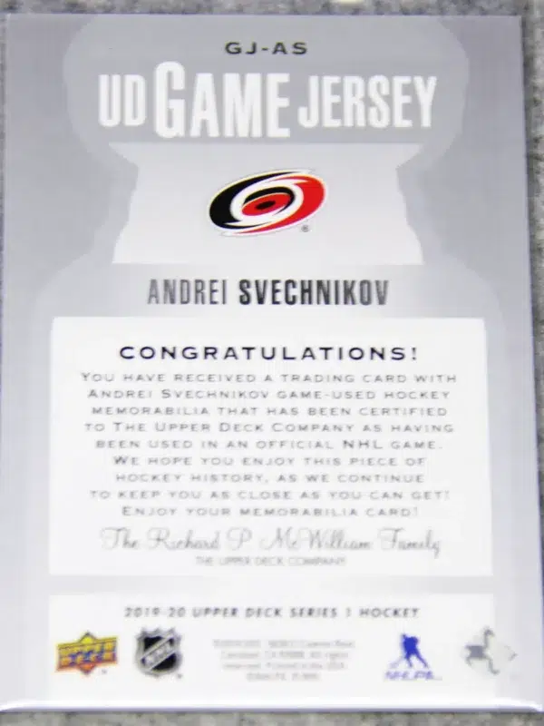 2019-20 Andrei Svechnikov #GJ-AS Upper Deck Series 1 UD Game Jersey - back